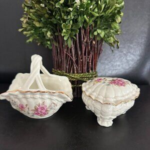 Vintage Porcelain Trinket Footed Lidded Heart dish & Trinket Basket/Candy Bowl